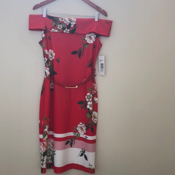 NWT Sharagano off shoulder floral dress with belt - Picture 4 of 8